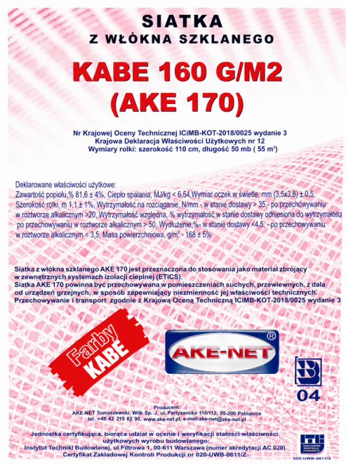 Siatka elewacyjna podtynkowa (rolka 1,1x50m) z włókna szklanego 160g/m2 KABE